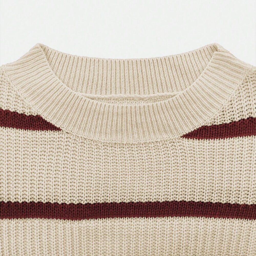 Red And White Casual Colorblock Women's Striped Loose Pullover Sweater - Picture 11 of 11